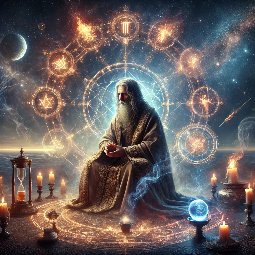 DALL·E 2025-03-22 17.16.26 - A mystical scene depicting an ancient magician in deep contem